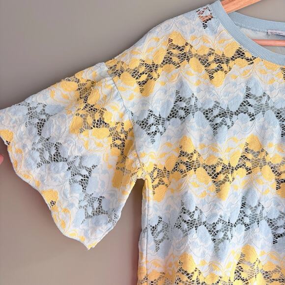 ZARA Pastel Lace Sheer Floral Top Blue Yellow Chevron Scallop Flutter Sleeve L - Picture 5 of 8